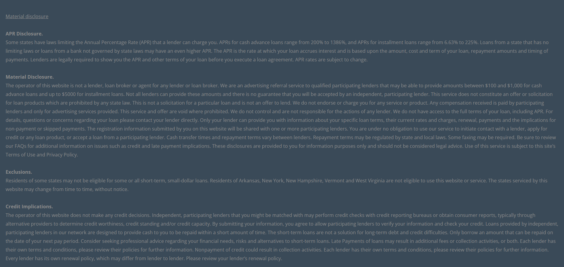 Material disclosure for payday loans in Downey California